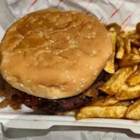 Juicy Burgers with chips served at Aldo's Fish bar Broxburn